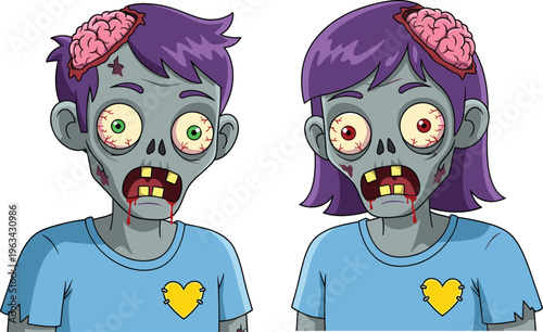 Cartoon illustration of two humorous zombie characters with exposed brains, purple hair, bloodied mouths, broken teeth, and wide red eyes wearing shirts with yellow heart emblem artwork design