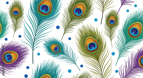 Colorful decorative illustration of multiple stylized peacock feathers with vibrant shades of green, teal, blue, purple, and gold arranged across white background for elegant design artwork