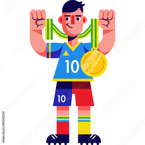 A triumphant athlete celebrates with gold medal around neck proudly