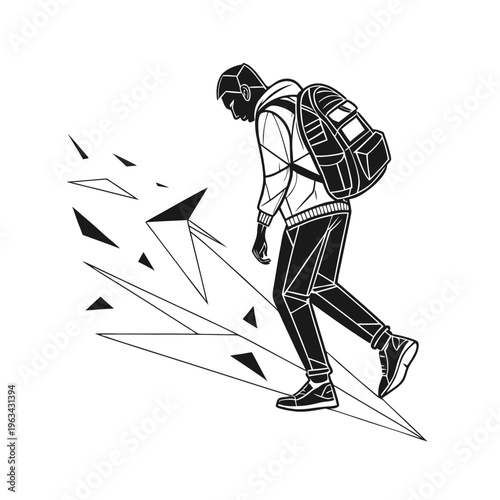 Geometric man, futuristic traveler, minimalist illustration, backpacker