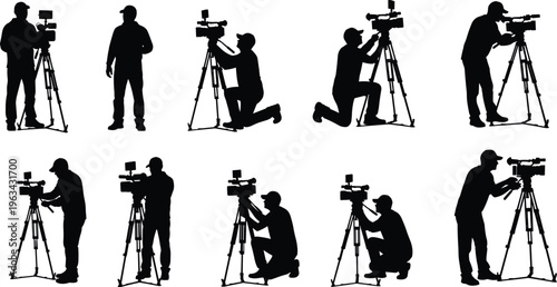 Black silhouette sequence of camera operator using tripod video camera in multiple filming positions, adjusting equipment, and capturing professional footage