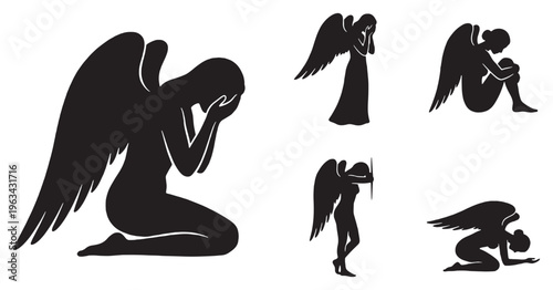 Collection of black silhouette illustrations of angels in various poses of sadness and despair.