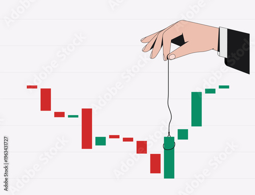 Hand manipulates market chart. Financial data. Control and influence. Trading activity. Market manipulation, strategy, investment decisions and price movement analysis. Graph. Vector illustration.