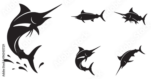 Collection of stylized black silhouette illustrations of marlin fish in various dynamic poses, suitable for graphic design elements.