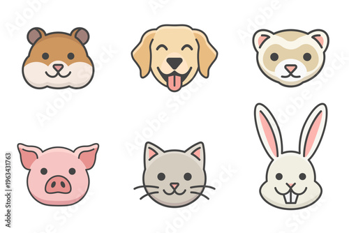 Set of cute animal face icons featuring a hamster, golden retriever dog, ferret, pig, cat, and rabbit