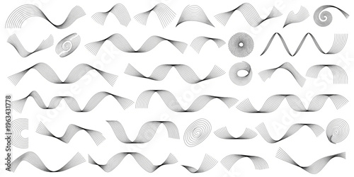 A collection of various gray metallic ribbons and swirls arranged on a white background.