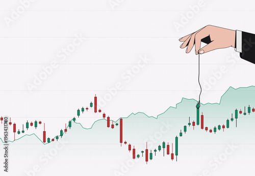 Hand manipulates market chart. Financial data. Control and influence. Trading activity. Market manipulation, strategy, investment decisions and price movement analysis. Graph. Vector illustration.