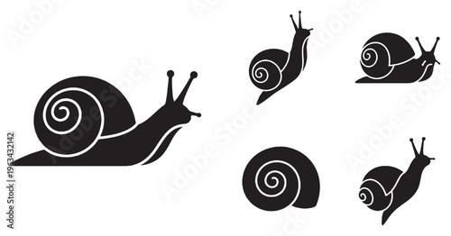 Collection of stylized black snail icons on a white background, showcasing different poses and angles.