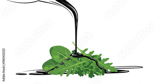 A stream of dark, viscous liquid is pouring onto a small pile of fresh green salad leaves against a clean white background.