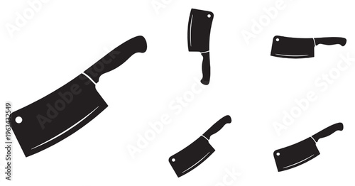 Collection of black silhouettes of butcher knives on a white background, isolated graphic elements.
