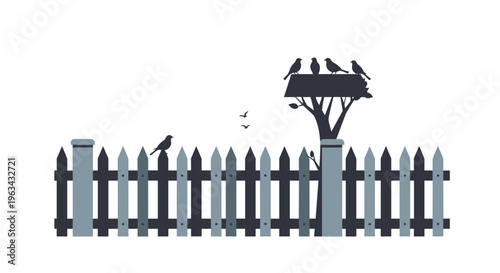 A stylized silhouette of a two-toned picket fence with birds perched and flying, alongside a tree with a birdhouse, is set against a white background.