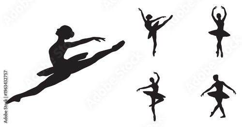 Collection of ballet dancers in silhouette performing various graceful poses and movements.