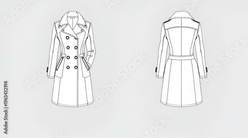 Women's pea coat technical sketch, front back side view, double-breasted fashion drawing, CAD vector illustration, garment construction template