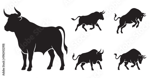 Collection of black bull silhouettes in various dynamic poses.