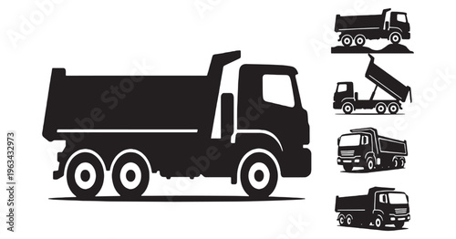 Set of black silhouette dump trucks in various poses and angles, isolated on white background.