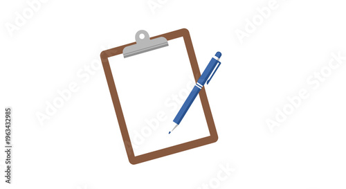 A brown clipboard with a silver metal clip holds a blank white sheet of paper, with a vibrant blue ballpoint pen positioned diagonally across it against a pure white background.