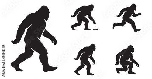 Set of six Bigfoot silhouettes in various poses, including walking, running, and crouching.