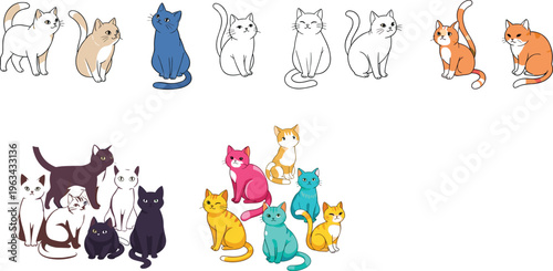 Cats vector set with different breeds, poses and colorful kittens in cute cartoon flat illustration style for pet design