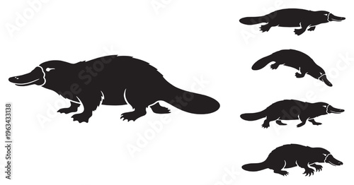Collection of black silhouettes of platypus animals on a white background.