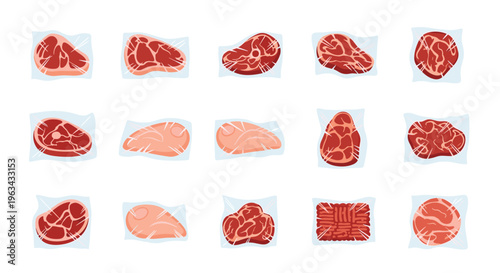 Various raw meat and chicken cuts are individually vacuum-sealed in clear plastic and arranged in rows on a white background.