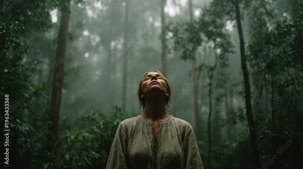 Naklejka premium Woman Stands in an Ancient Forest With Arms Open and Eyes Closed, Surrounded by Mist and Tall Trees in a Moment of Mindfulness During Forest Bathing