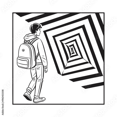 Illustration of a teenager with backpack walking into abstract geometric tunnel, black and white, vector graphic