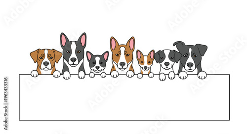 Seven cartoon dogs with diverse appearances are peeking over a blank white rectangular banner on a clean background.