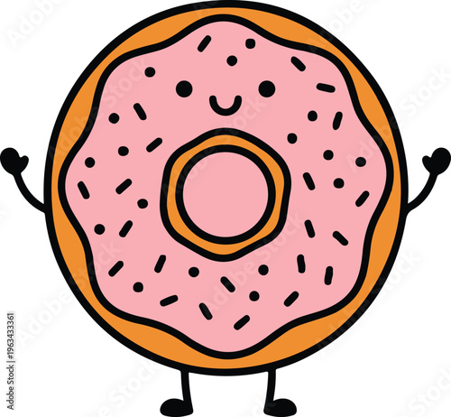 A cartoon donut with pink frosting and sprinkles and a smiling face on a transparent background