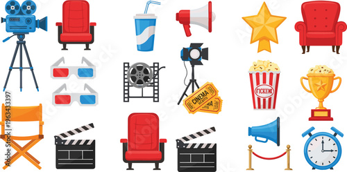 Cinema and movie vector set with film camera, popcorn, tickets, director chair and entertainment icons in flat style