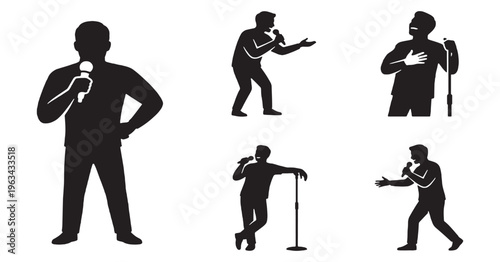 Set of five silhouette illustrations of a person holding a microphone and speaking on stage.