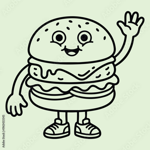 A cute cartoon hamburger character with a smiling face and a waving hand  friendly food mascot with a happy expression and casual shoes