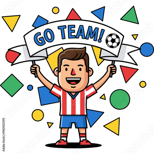 A young boy excitedly holds up a sports sign amidst colorful shapes.