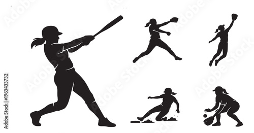 Collection of Silhouette Illustrations of Women Playing Baseball in Various Poses.