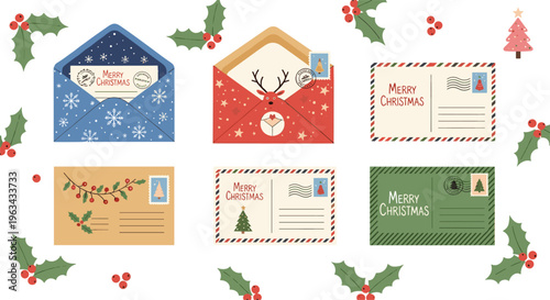 Christmas postcards vector set with envelopes, stamps, holly leaves and festive mail elements in holiday flat illustration style