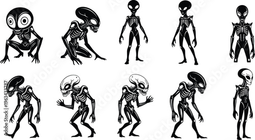 Alien creature silhouettes collection, sci fi extraterrestrial characters with creepy anatomy poses, fantasy monster set for game, horror, and illustration design