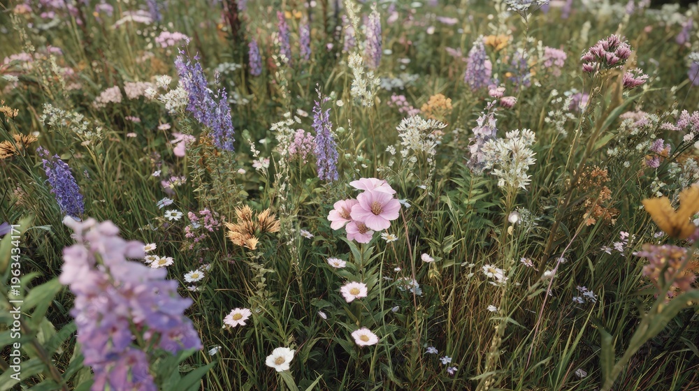 Fototapeta premium Lush field bursts with diverse colors of flowering plants and green foliage.