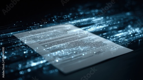 Conceptual Render of a Contract Document Being Scanned by Abstract Light Beams Illustrating AI Analysis for Legaltech