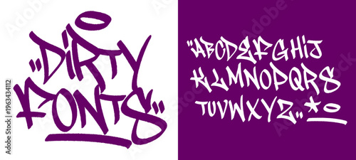 Graffiti Tag "DIRTY FONTS" Word and Complete Alphabet Set A-Z in White Handstyle Typography on Vibrant Purple Background for Urban Streetwear