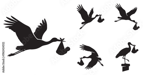 Silhouette illustrations of storks carrying babies in bundles, symbolizing birth and new life.