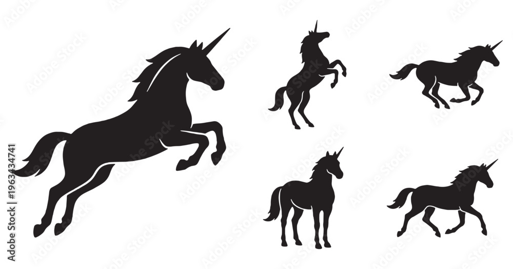 Obraz premium Set of black unicorn silhouettes in various poses, mythical creature vector illustration.