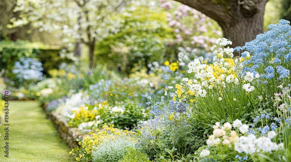Obraz premium Lush springtime flower border showcases vibrant blue, yellow, and white blossoms alongside a grassy pathway