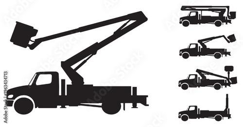 Set of black silhouettes of bucket trucks and aerial lifts on a white background.
