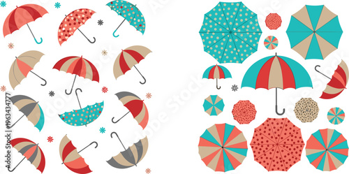 Colorful umbrellas vector set with different patterns, rainy weather accessories and top view designs in flat style