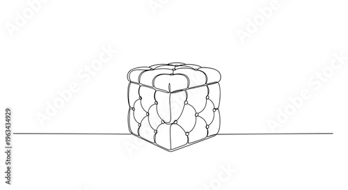 Tufted round pouf ottoman line drawing on gray background