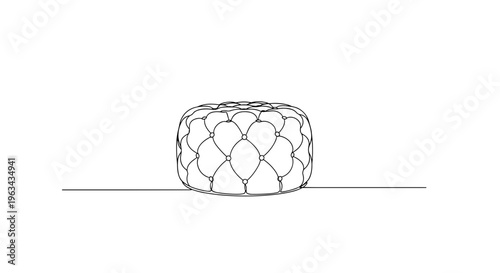 Tufted round pouf ottoman line drawing on gray background