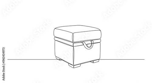 Square storage pouf ottoman line drawing on gray background