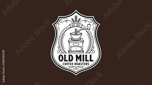 Old Mill Coffee Roasters Logo - Vintage Coffee Grinder Design.
