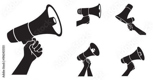 Set of black silhouettes of hands holding megaphones, representing communication, protest, and announcement.