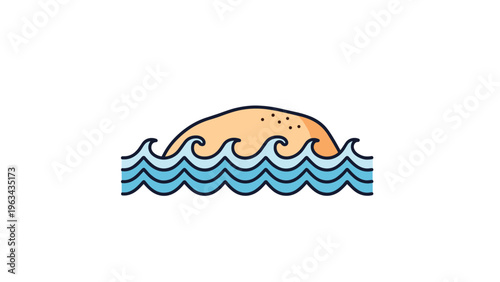 Simple line art icon of a small sandy island or dune surrounded by blue ocean waves representing beach travel and coastal environments.