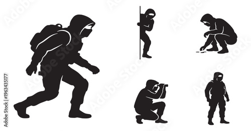 Set of black silhouettes of masked people in various poses, representing crime, protest, or surveillance activities.